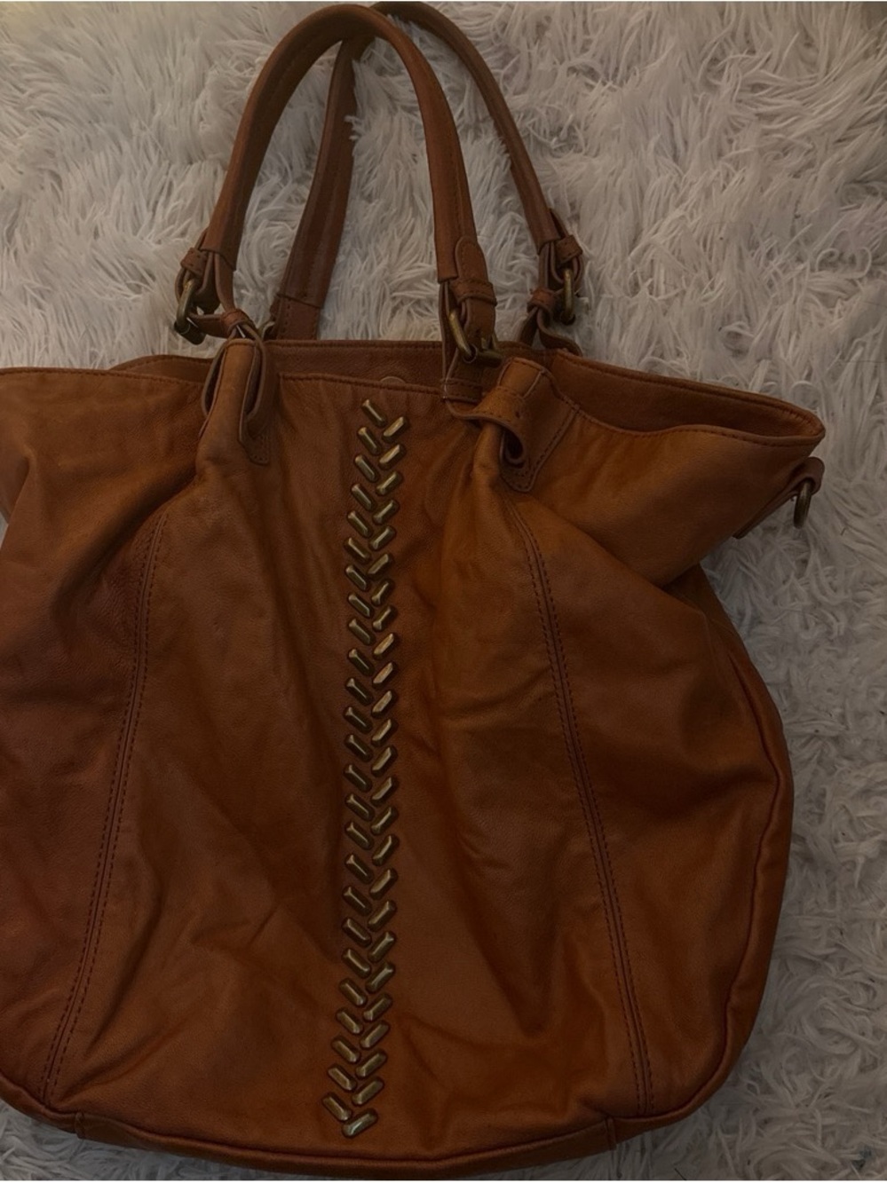 Lucky Brand Cognac Leather Tote with Braided Metal Detail
